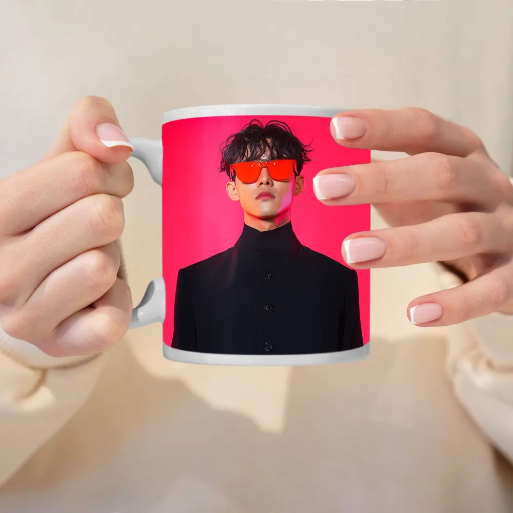 Young Man Red Sunglasses Black Coat Pink Background – Mugs