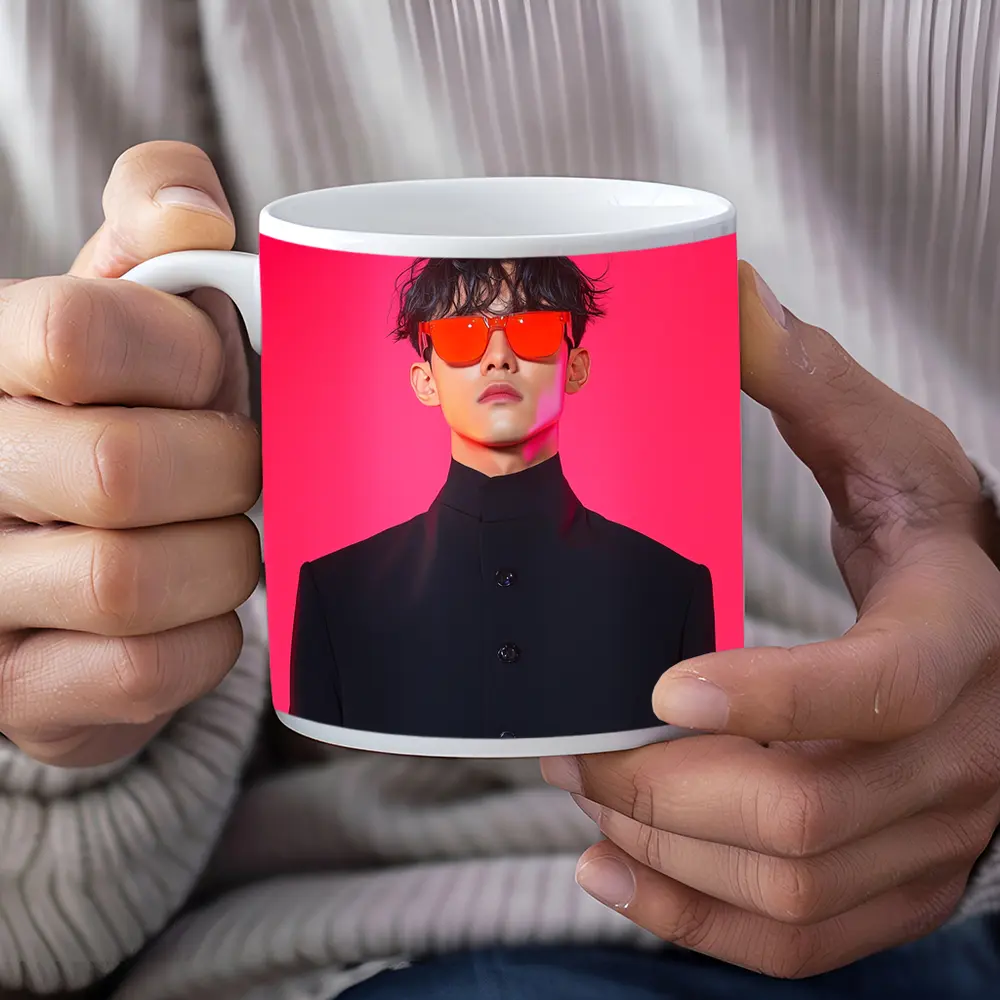 Young Man Red Sunglasses Black Coat Pink Background – Mugs