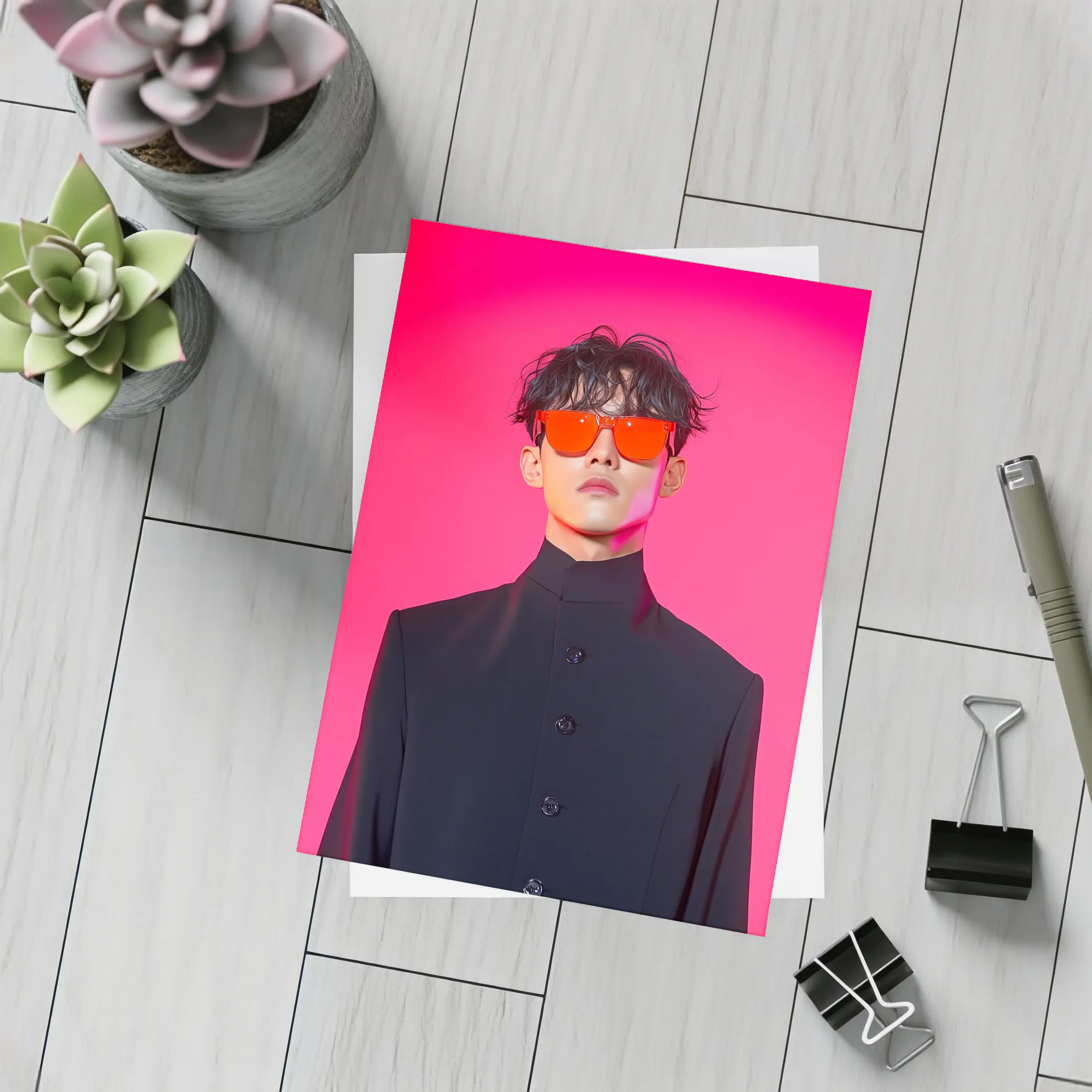 Young Man Red Sunglasses Black Coat Pink Background – Postcards