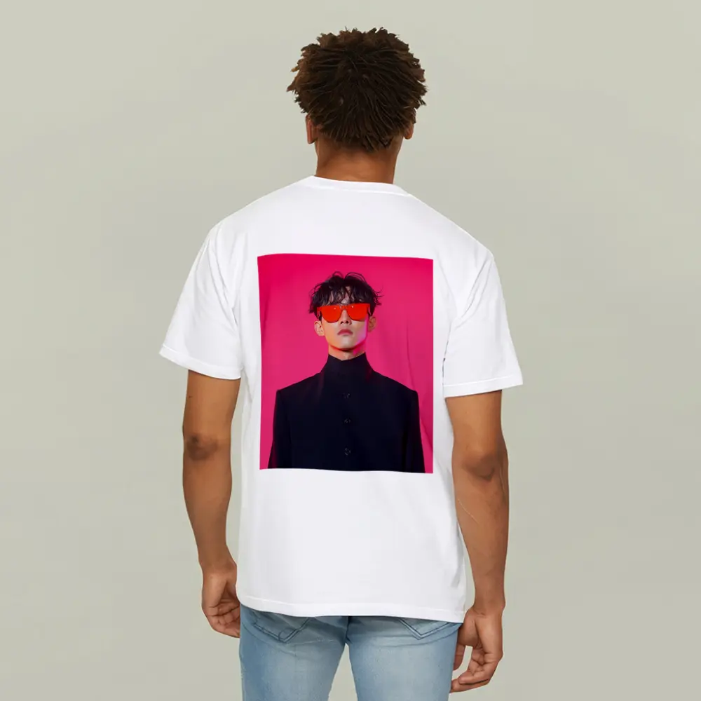 Young Man Red Sunglasses Black Coat Pink Background – T-Shirts
