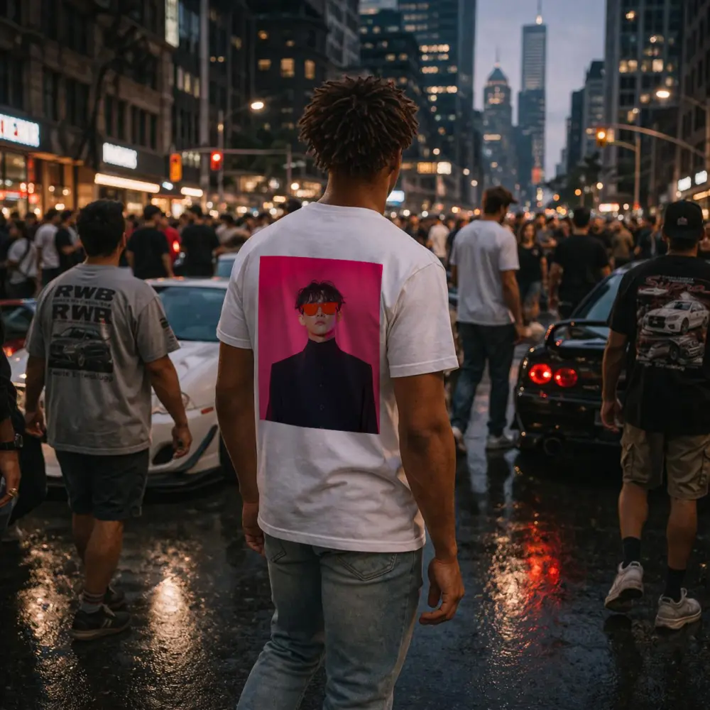 Young Man Red Sunglasses Black Coat Pink Background – T-Shirts
