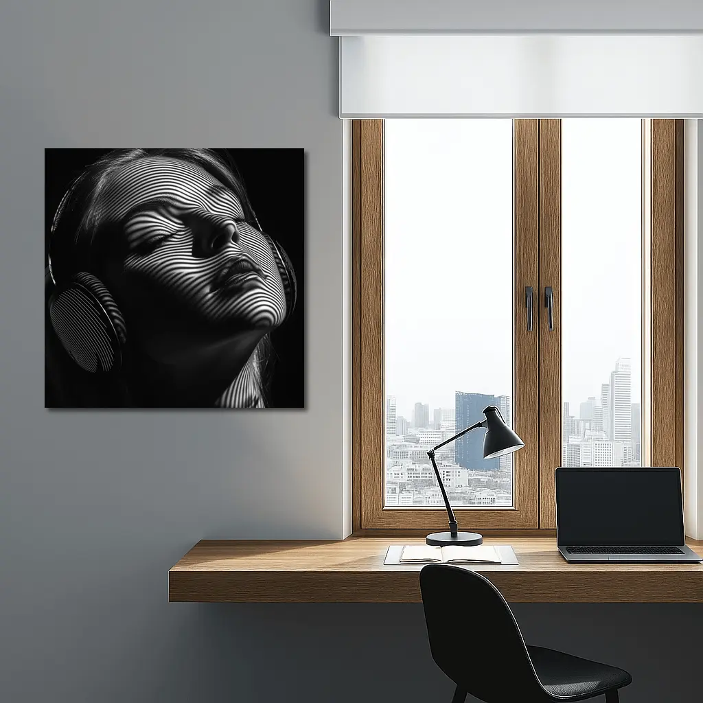 Woman Headphones Optical Illusion Black White – Wall Art