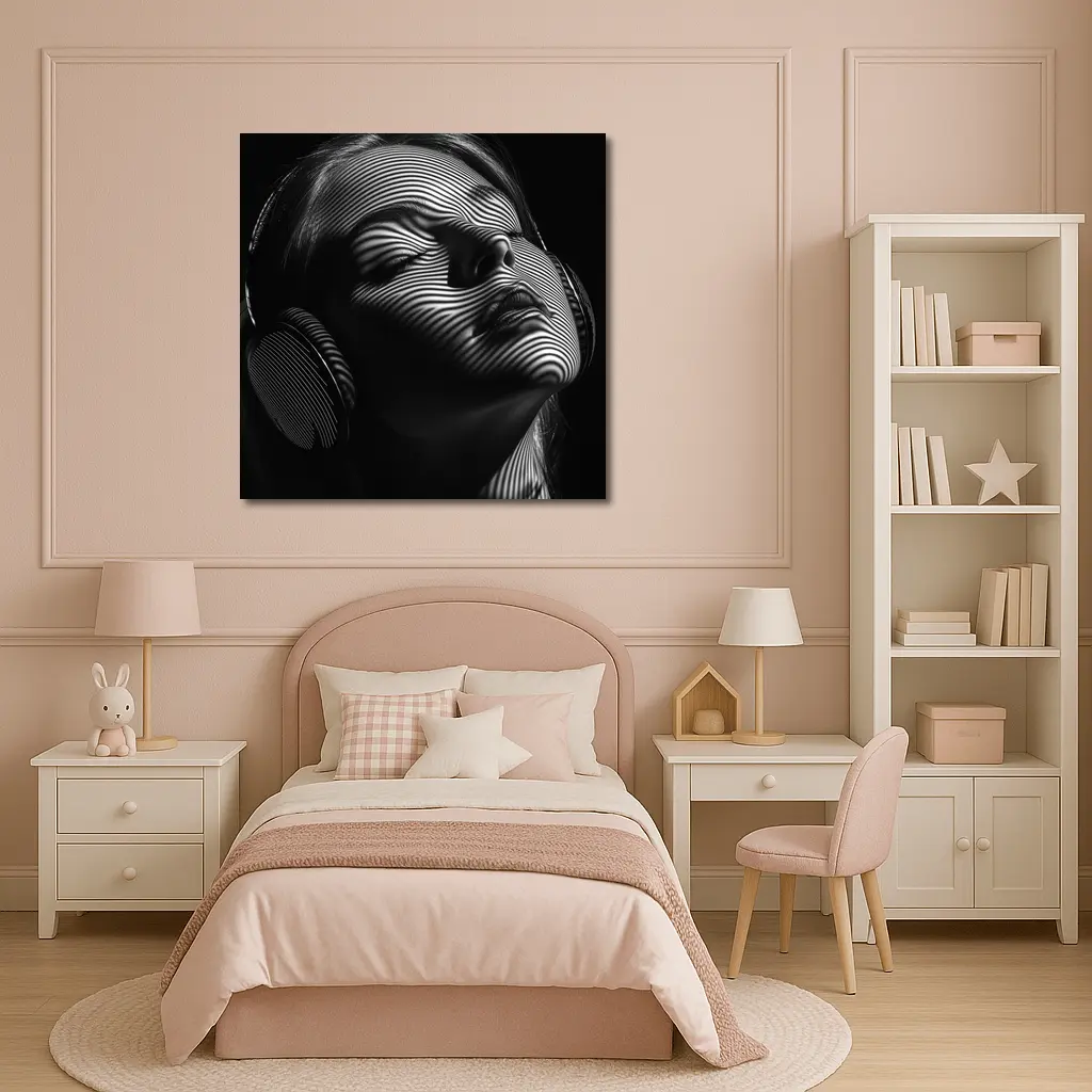 Woman Headphones Optical Illusion Black White – Wall Art