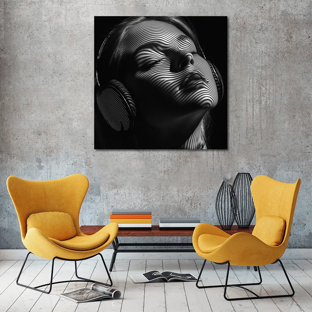 Woman Headphones Optical Illusion Black White – Wall Art