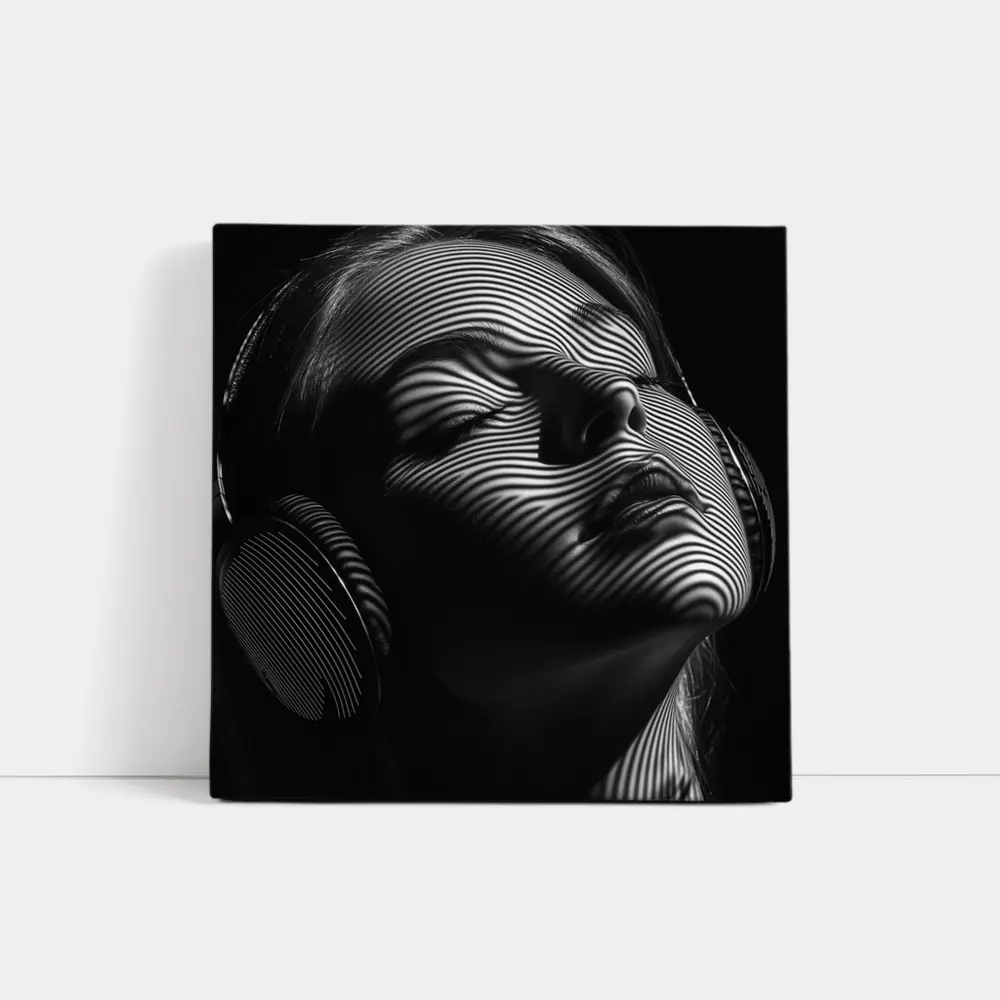 Woman Headphones Optical Illusion Black White – Wall Art