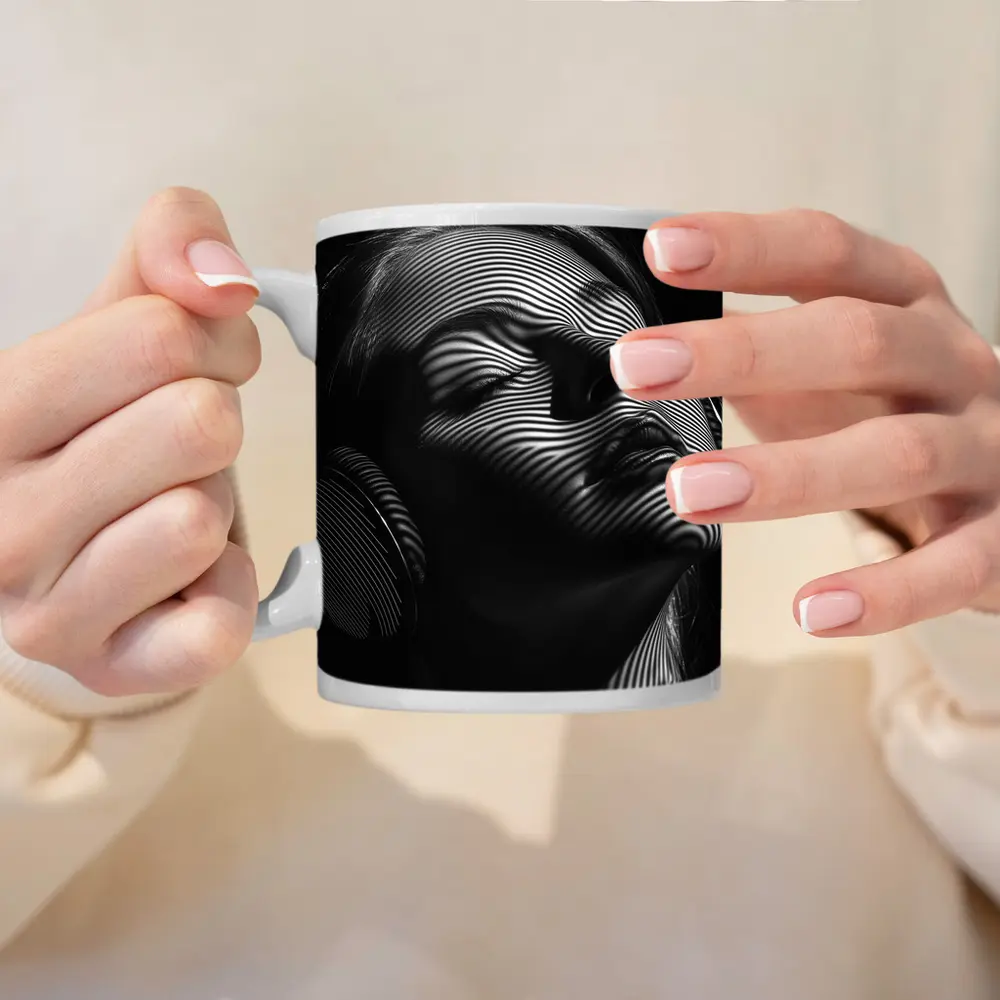Woman Headphones Optical Illusion Black White – Mugs
