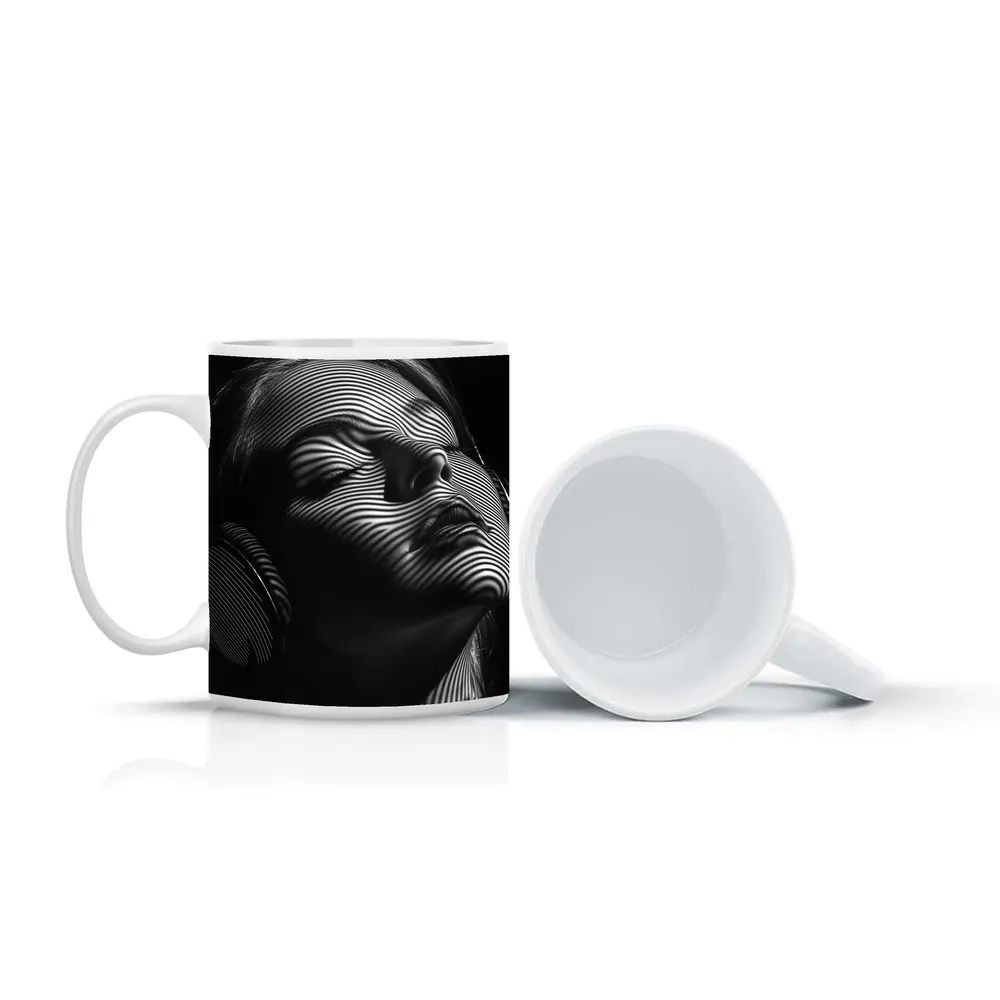 Woman Headphones Optical Illusion Black White – Mugs