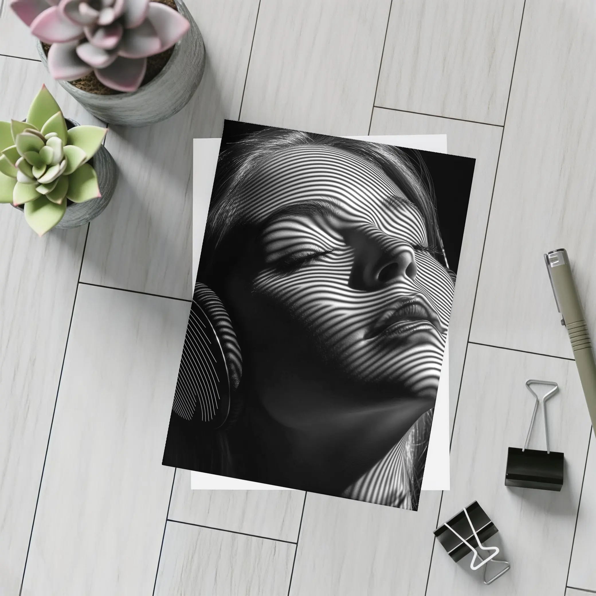 Woman Headphones Optical Illusion Black White – Postcards