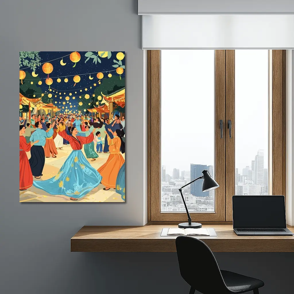 Mid Autumn Festival Dance Lanterns Night Illustration – Wall Art