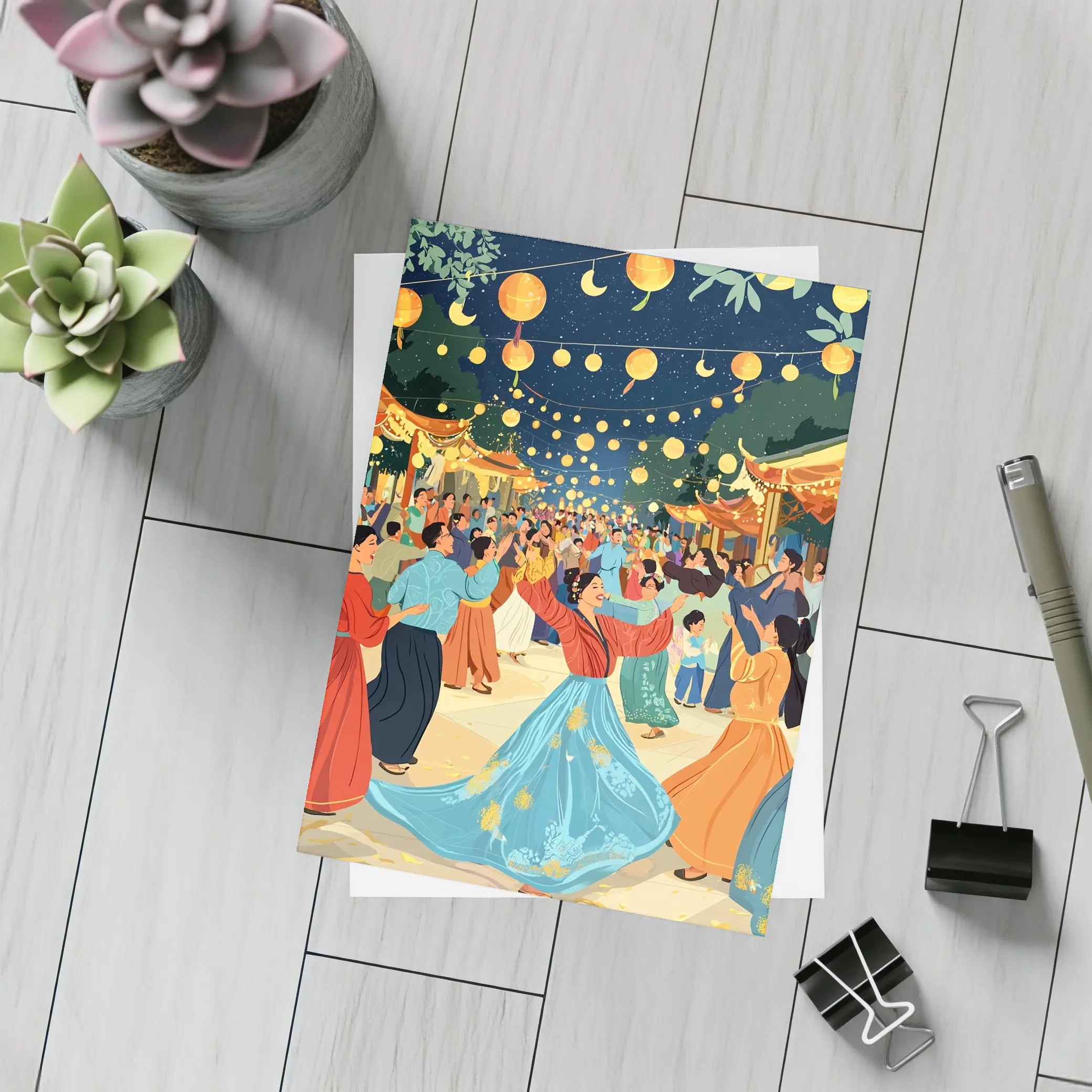 Mid Autumn Festival Dance Lanterns Night Illustration – Postcards