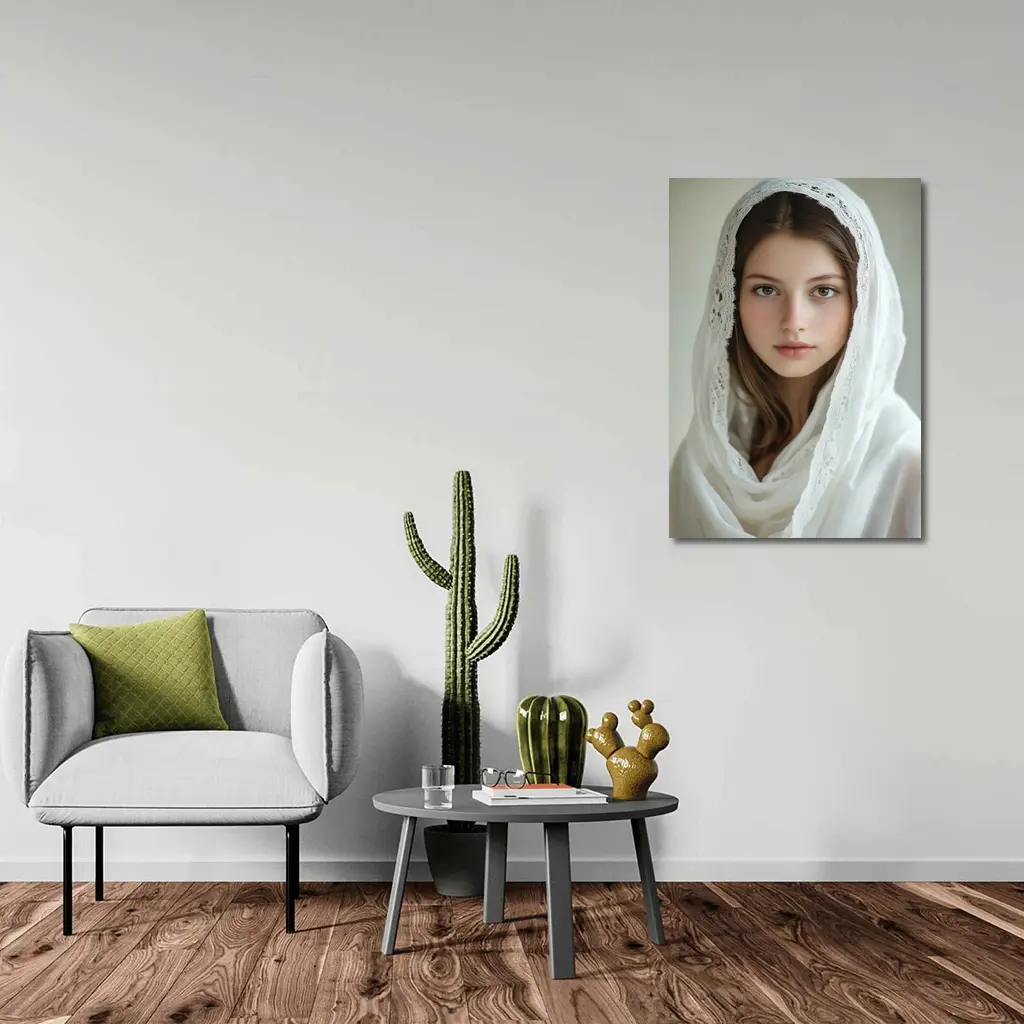Young Woman White Lace Veil Portrait – Wall Art
