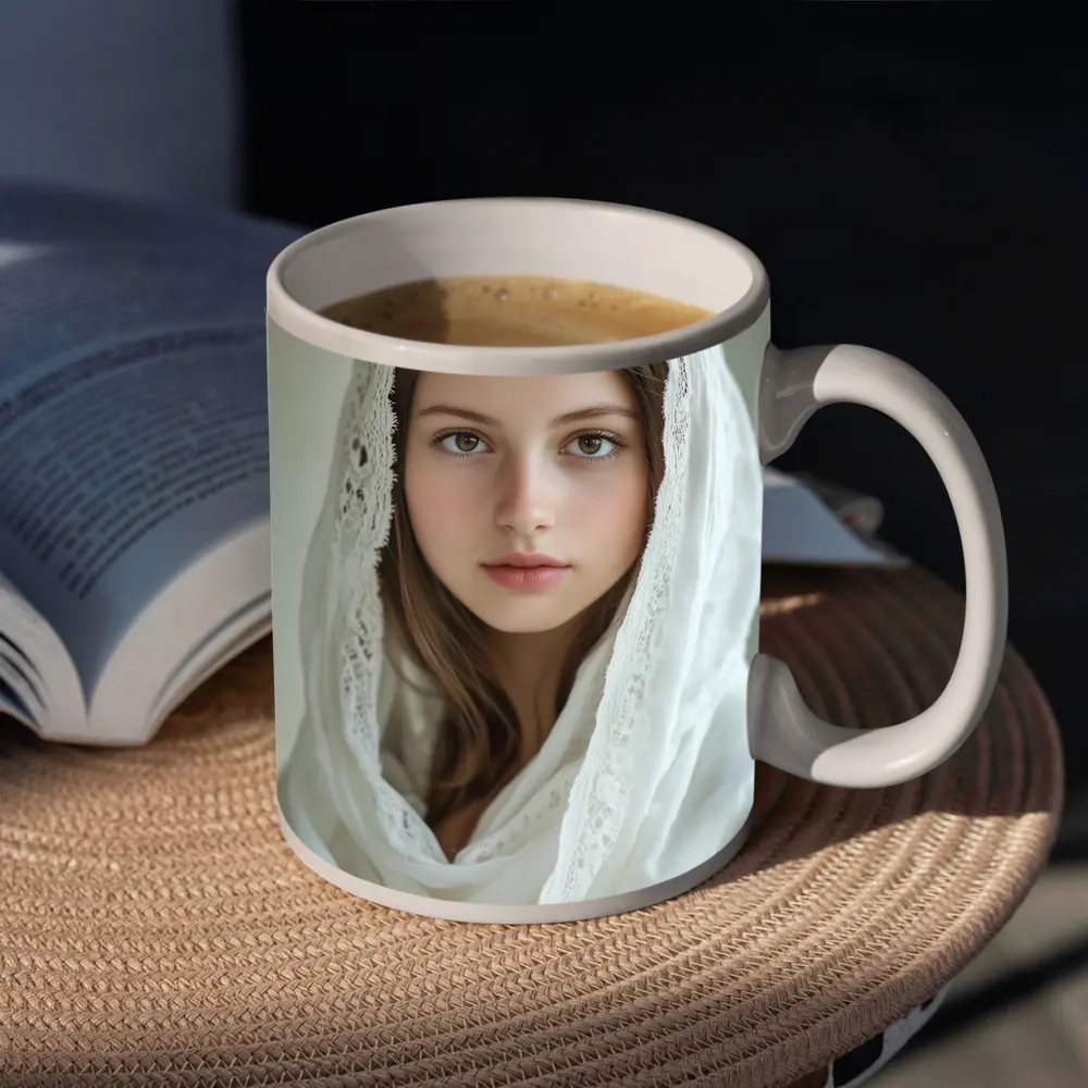 Young Woman White Lace Veil Portrait – Mugs