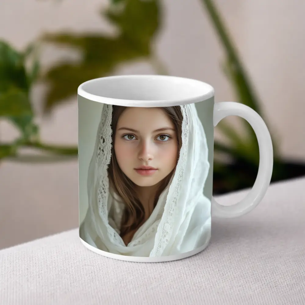 Young Woman White Lace Veil Portrait – Mugs