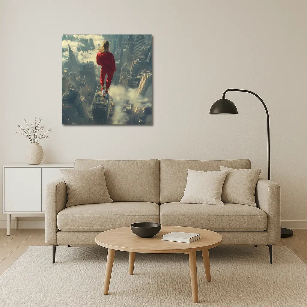 Woman in Red Above City Skyline – Wall Art