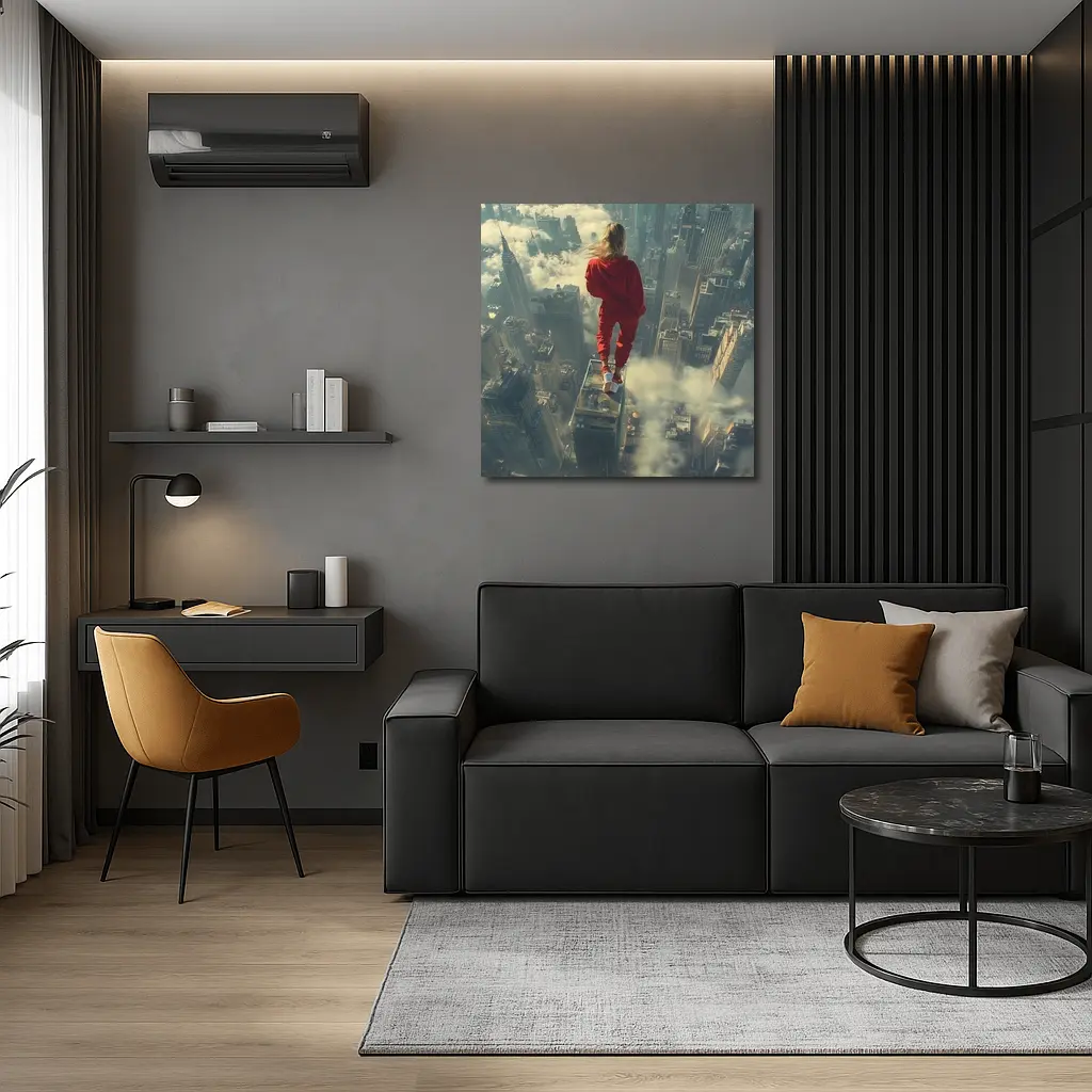 Woman in Red Above City Skyline – Wall Art