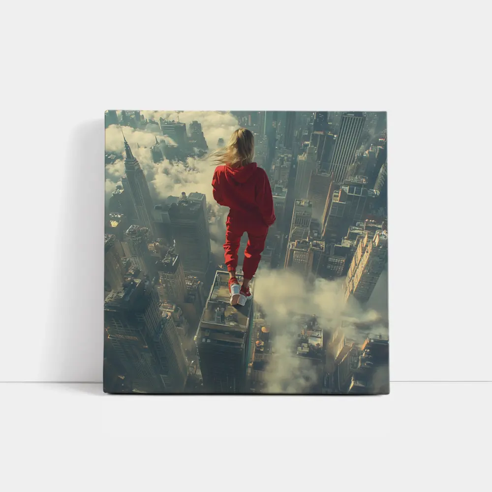 Woman in Red Above City Skyline – Wall Art