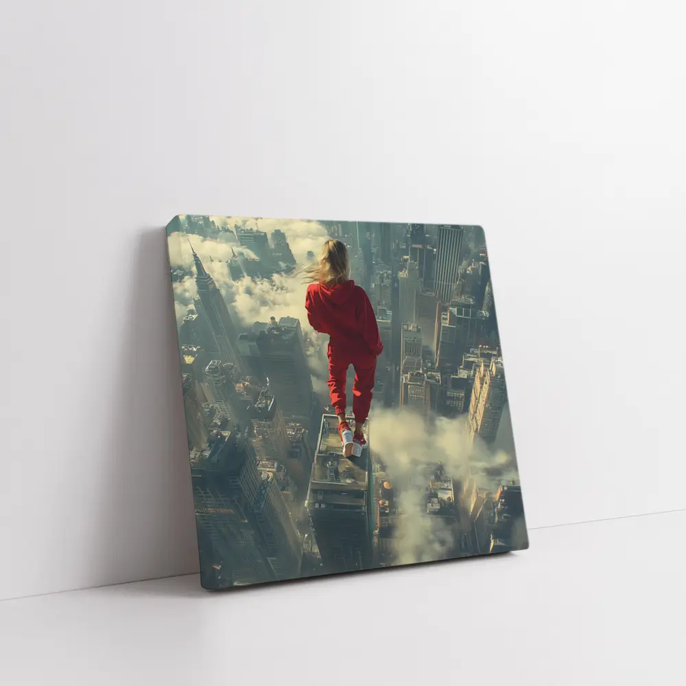 Woman in Red Above City Skyline – Wall Art