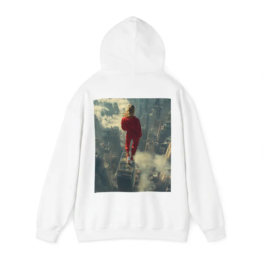 Woman in Red Above City Skyline – Hoodies