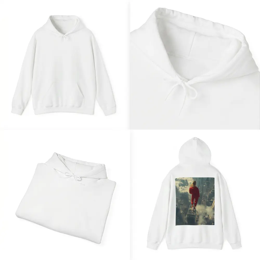 Woman in Red Above City Skyline – Hoodies