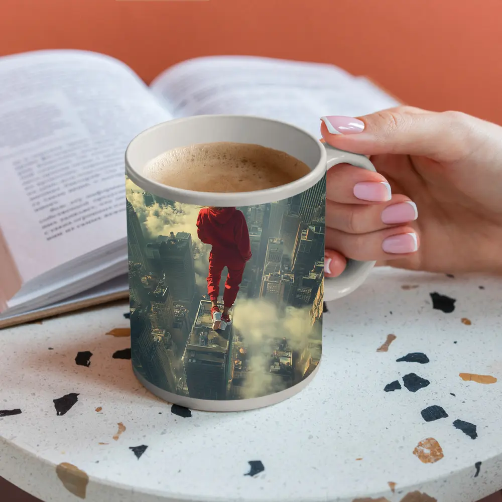 Woman in Red Above City Skyline – Mugs