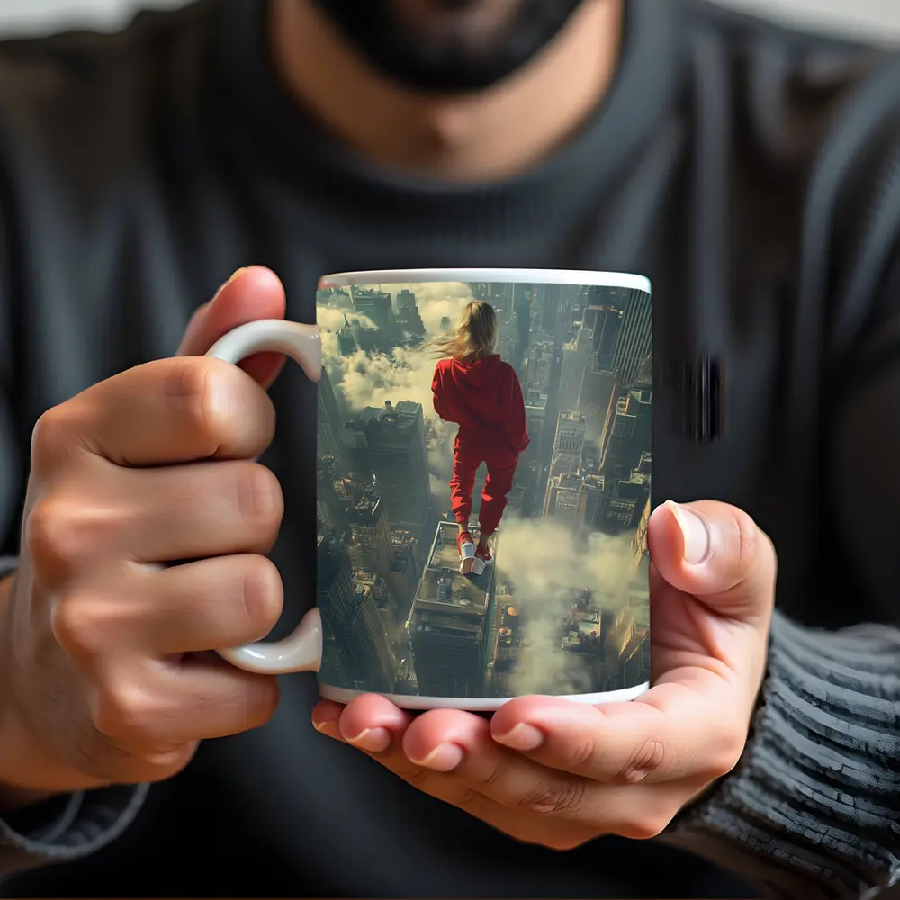 Woman in Red Above City Skyline – Mugs