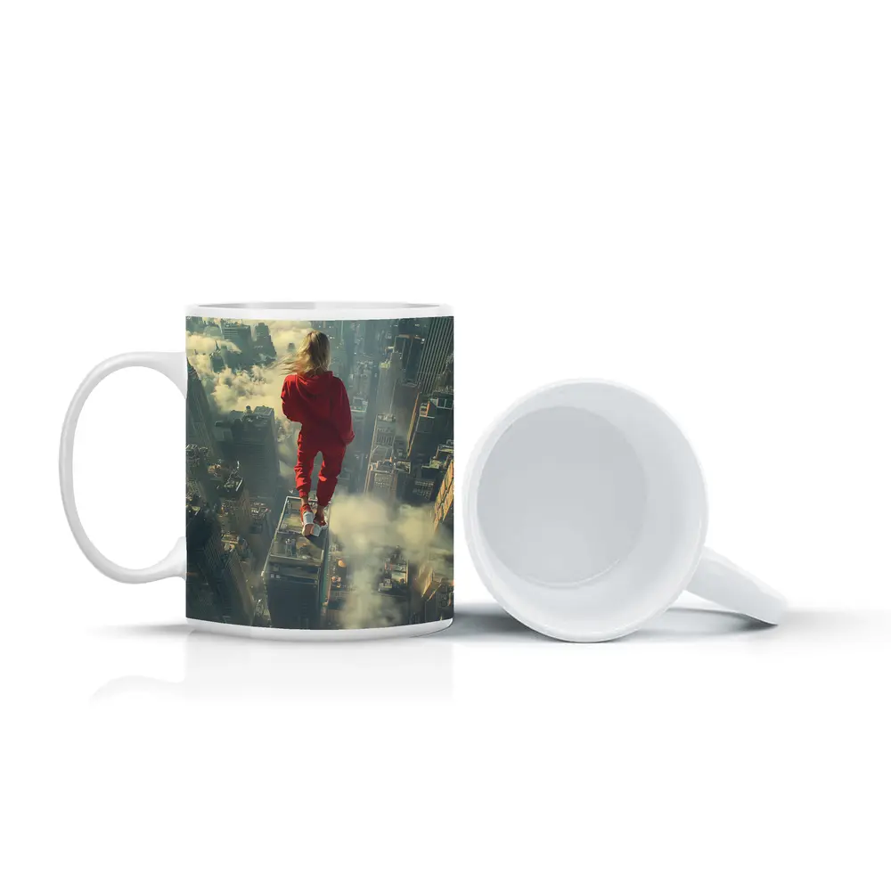 Woman in Red Above City Skyline – Mugs