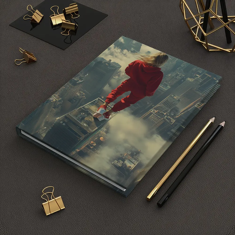 Woman in Red Above City Skyline – Notebooks