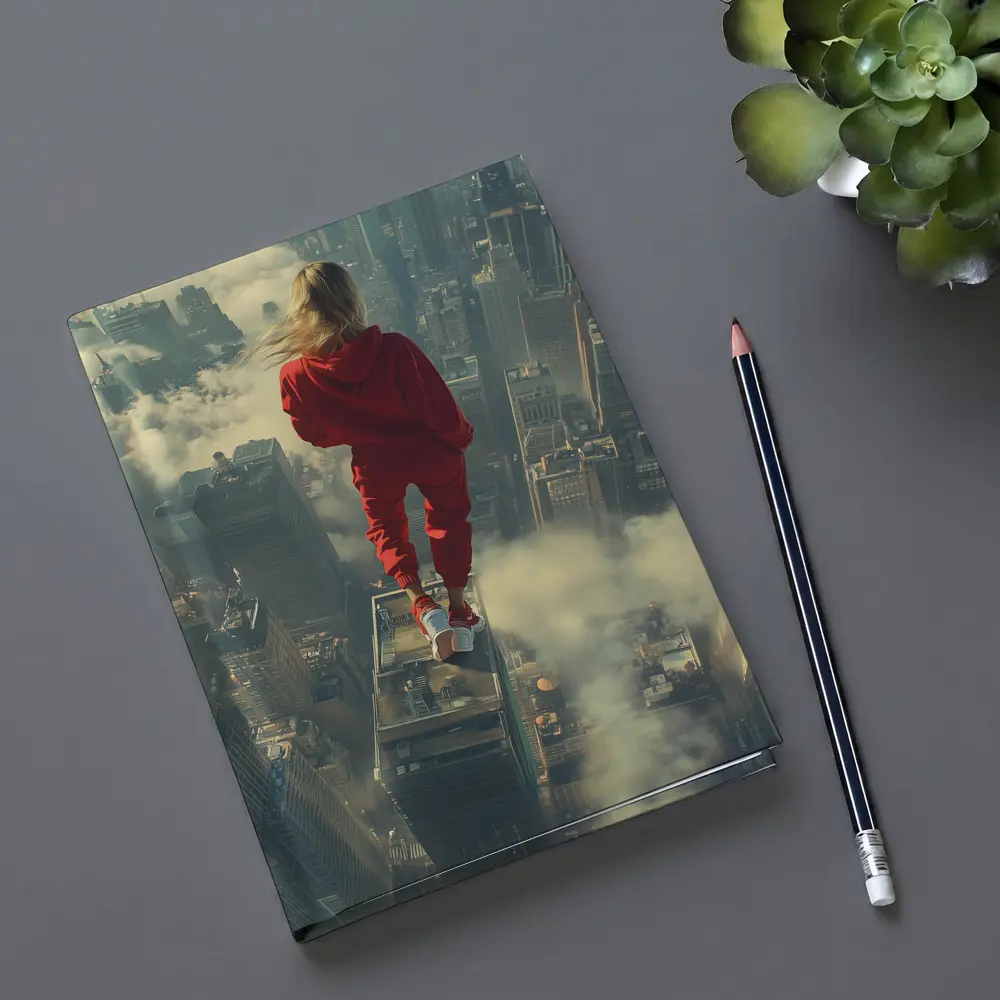 Woman in Red Above City Skyline – Notebooks