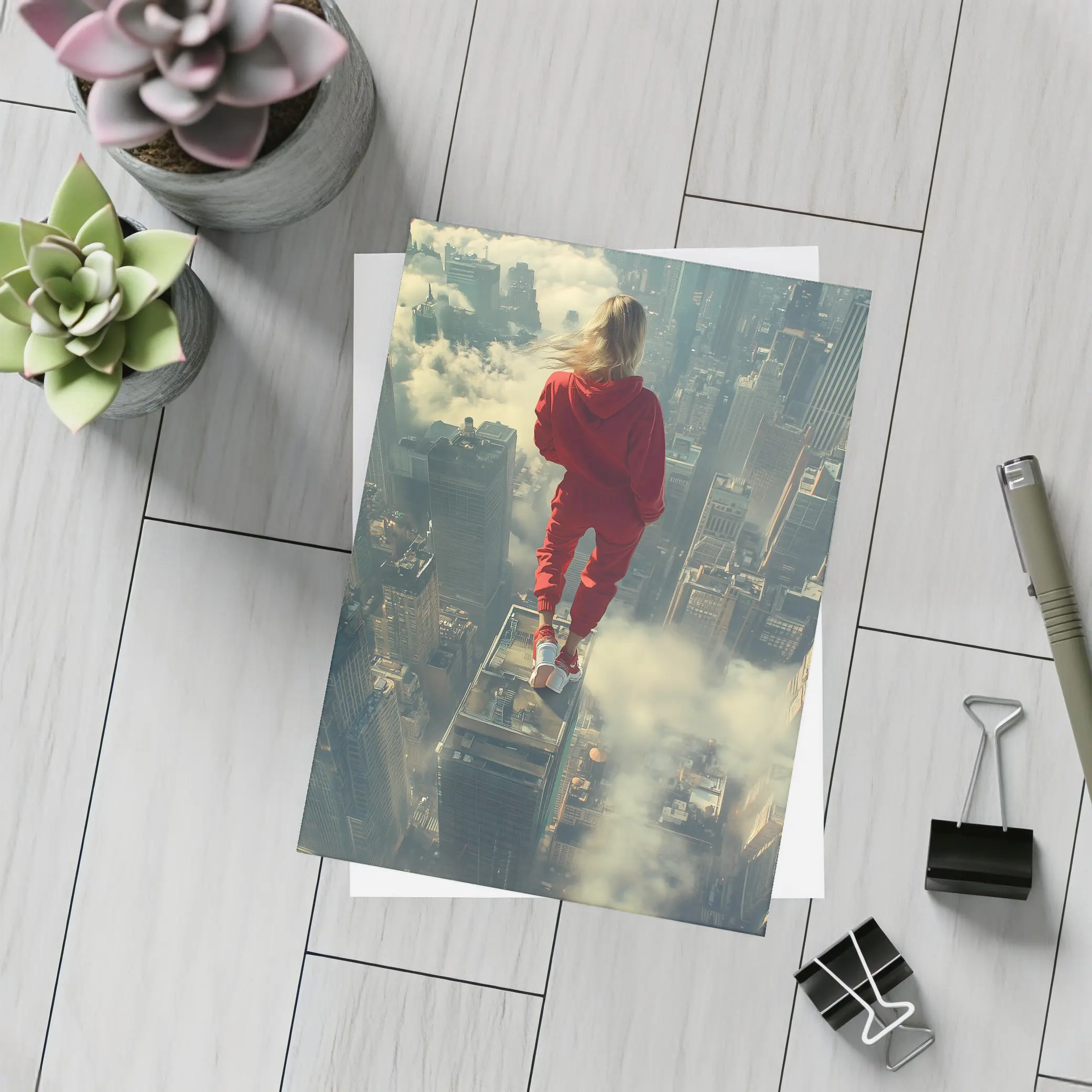 Woman in Red Above City Skyline – Postcards
