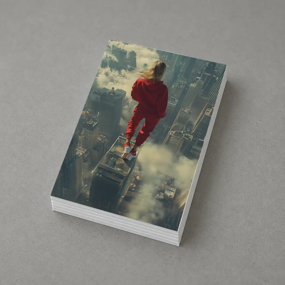Woman in Red Above City Skyline – Postcards