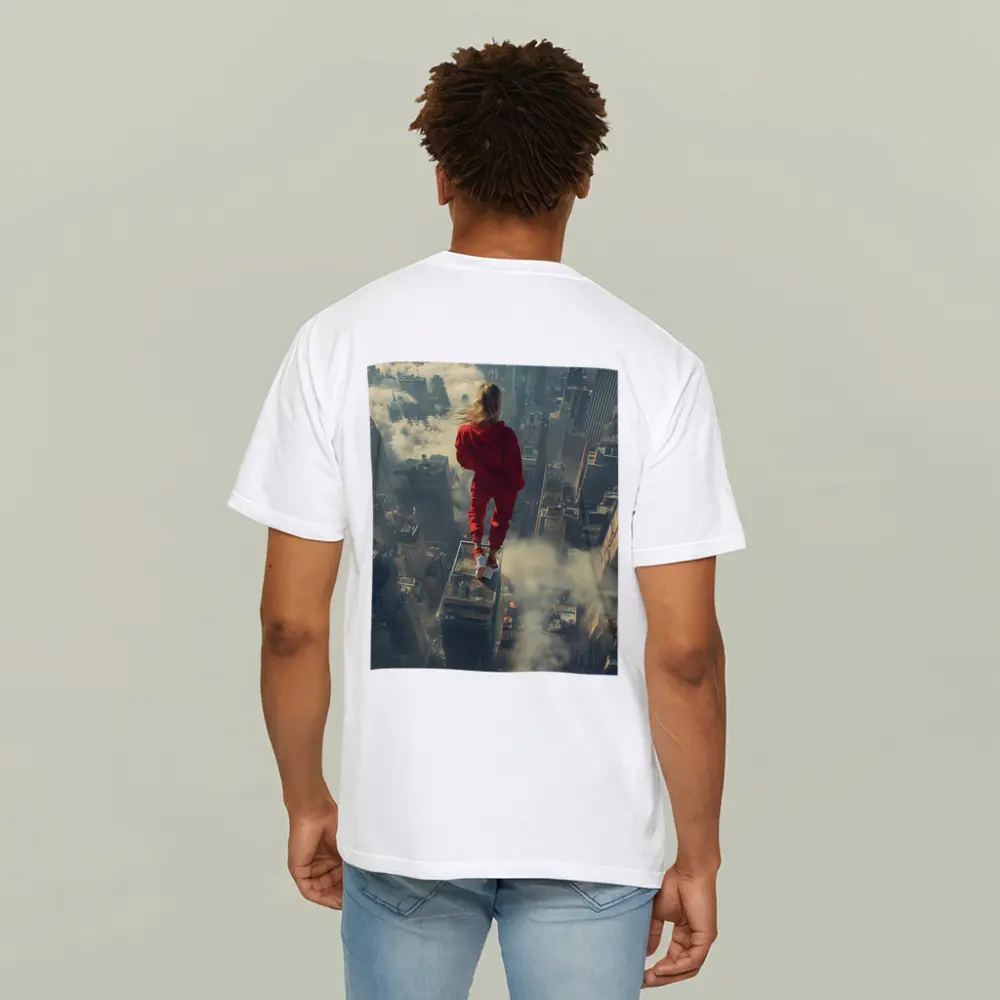 Woman in Red Above City Skyline – T-Shirts