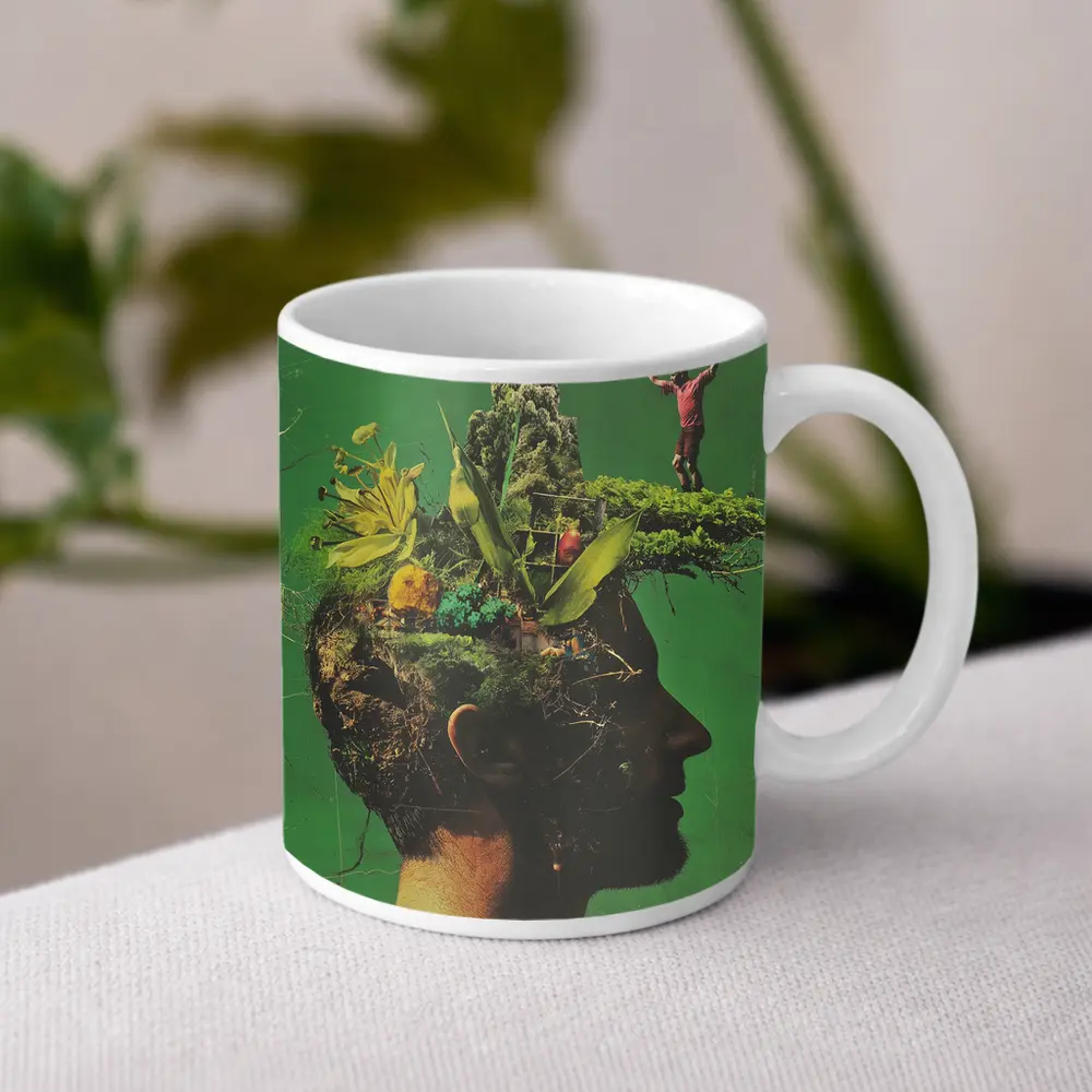 Man Head Nature Growth Collage Green Background – Mugs