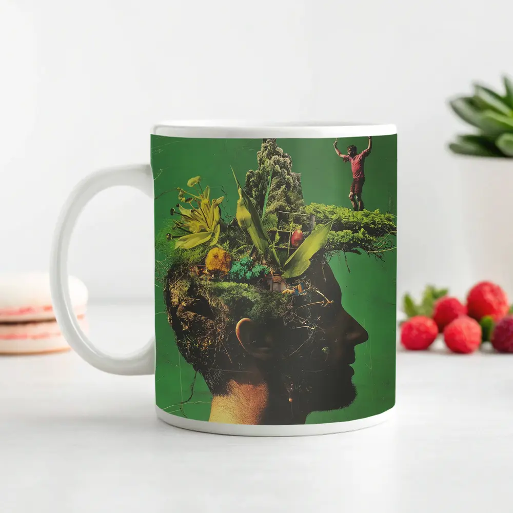 Man Head Nature Growth Collage Green Background – Mugs