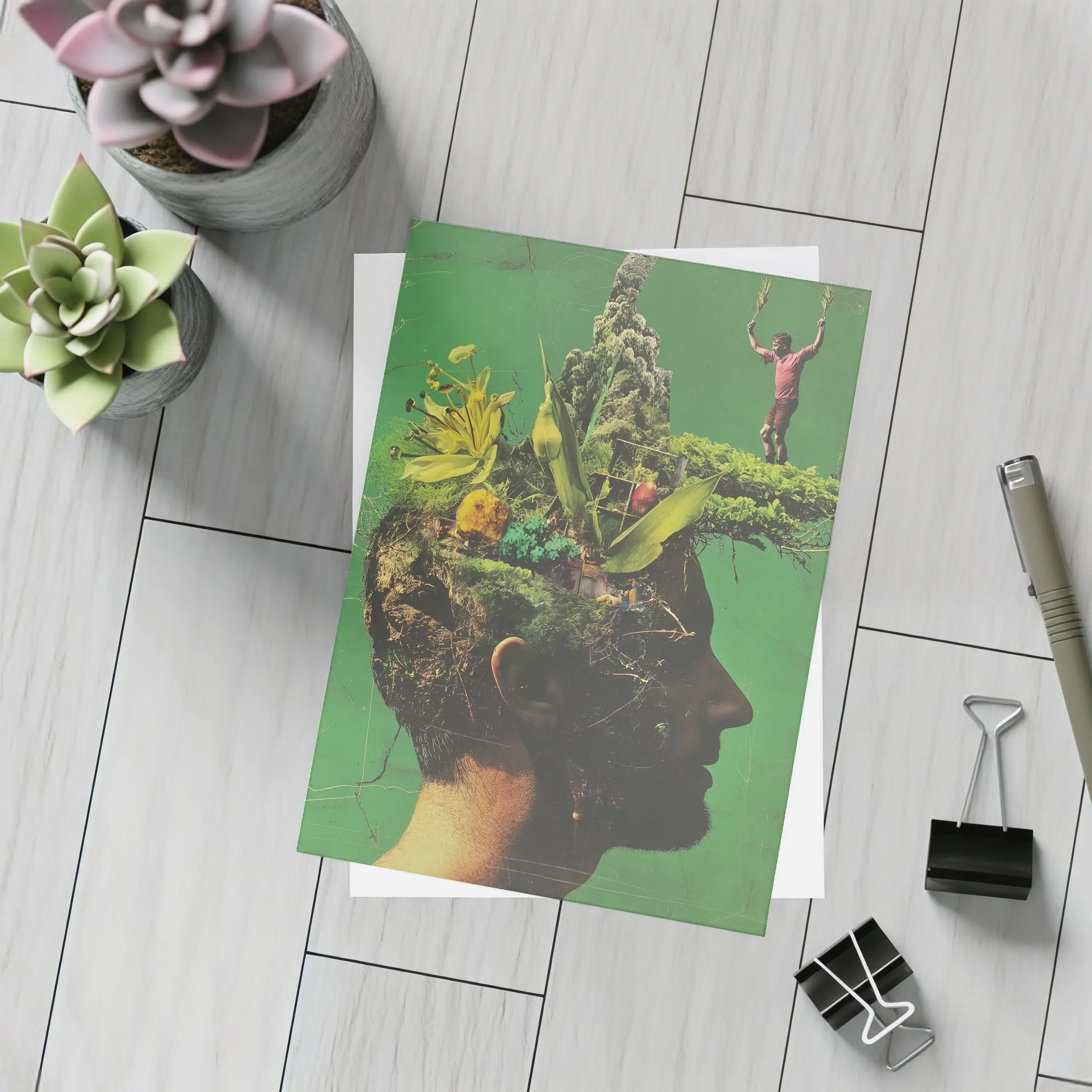 Man Head Nature Growth Collage Green Background – Postcards
