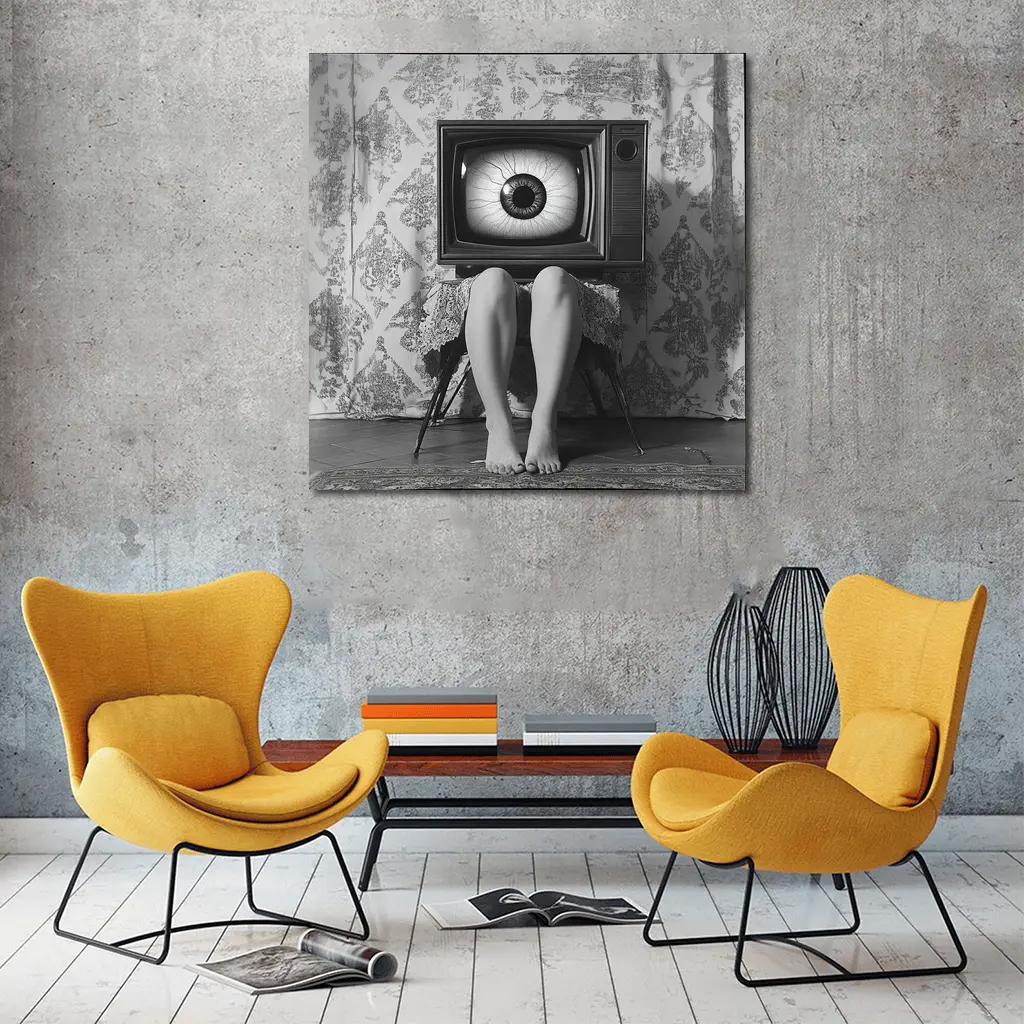 Retro TV Giant Eye Surreal Black White – Wall Art