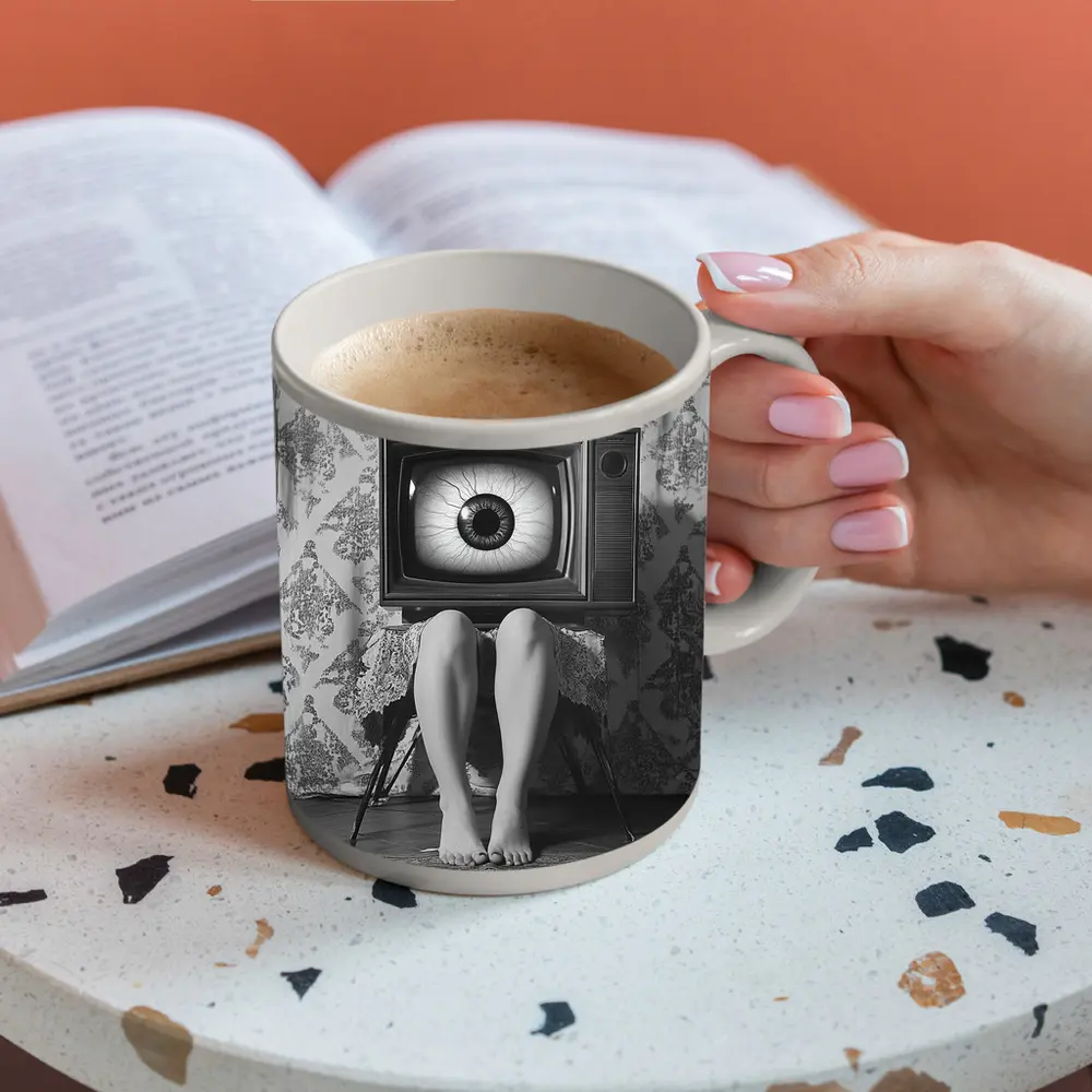 Retro TV Giant Eye Surreal Black White – Mugs