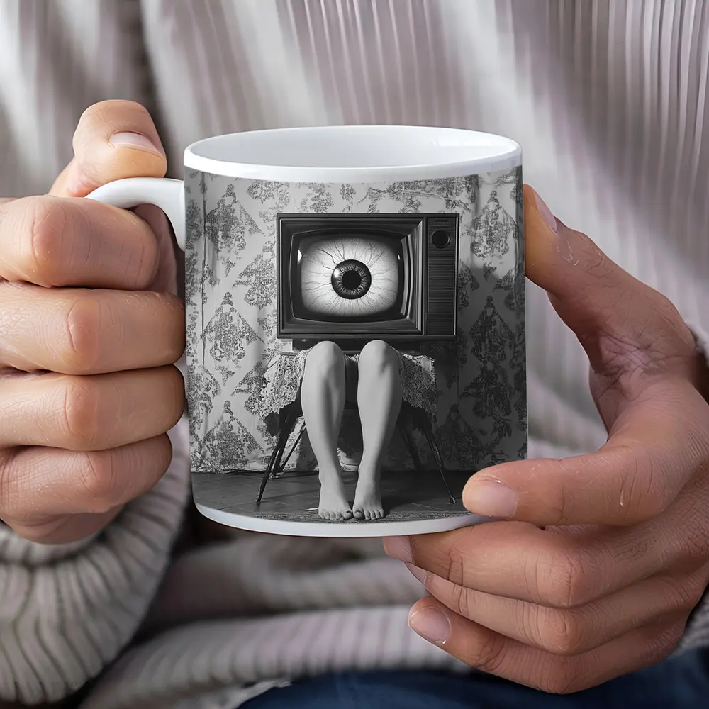 Retro TV Giant Eye Surreal Black White – Mugs