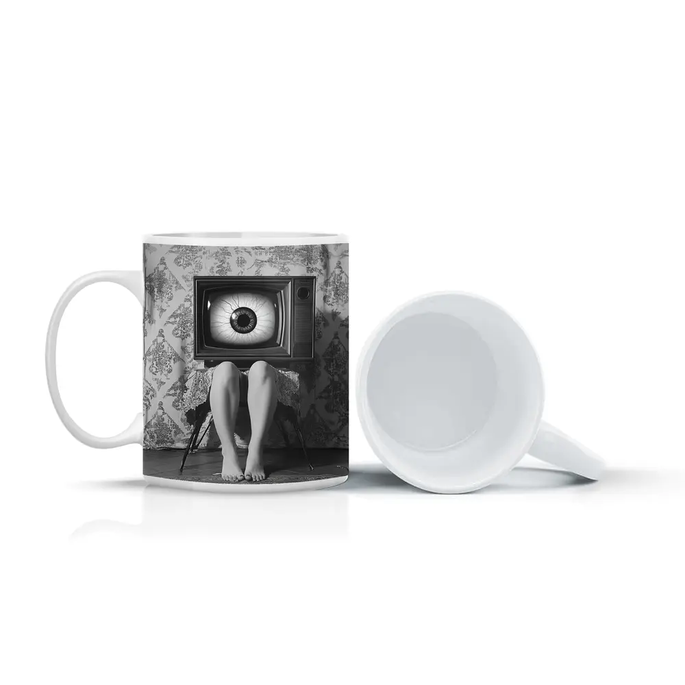 Retro TV Giant Eye Surreal Black White – Mugs