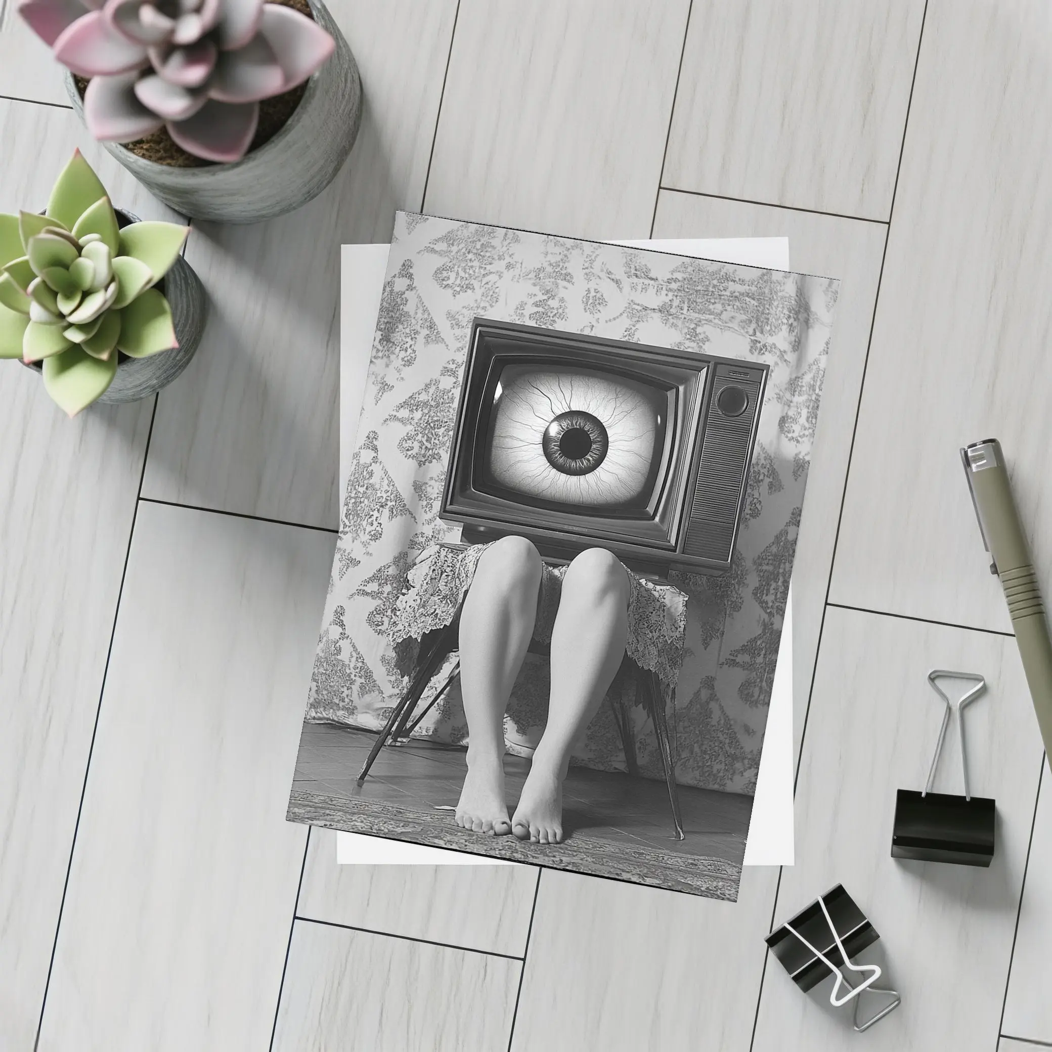Retro TV Giant Eye Surreal Black White – Postcards
