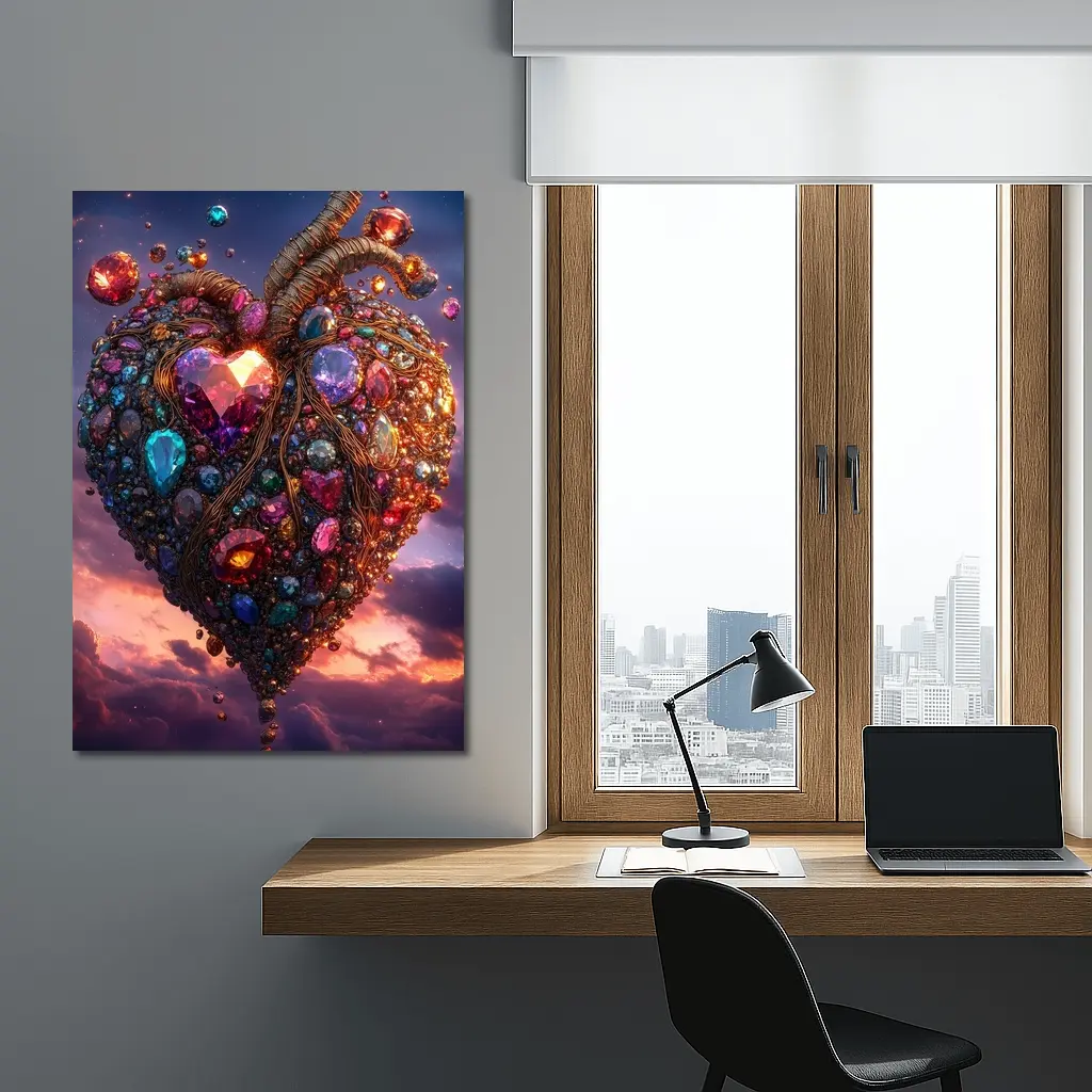 Jeweled Anatomical Heart Floating Twilight Sky – Wall Art