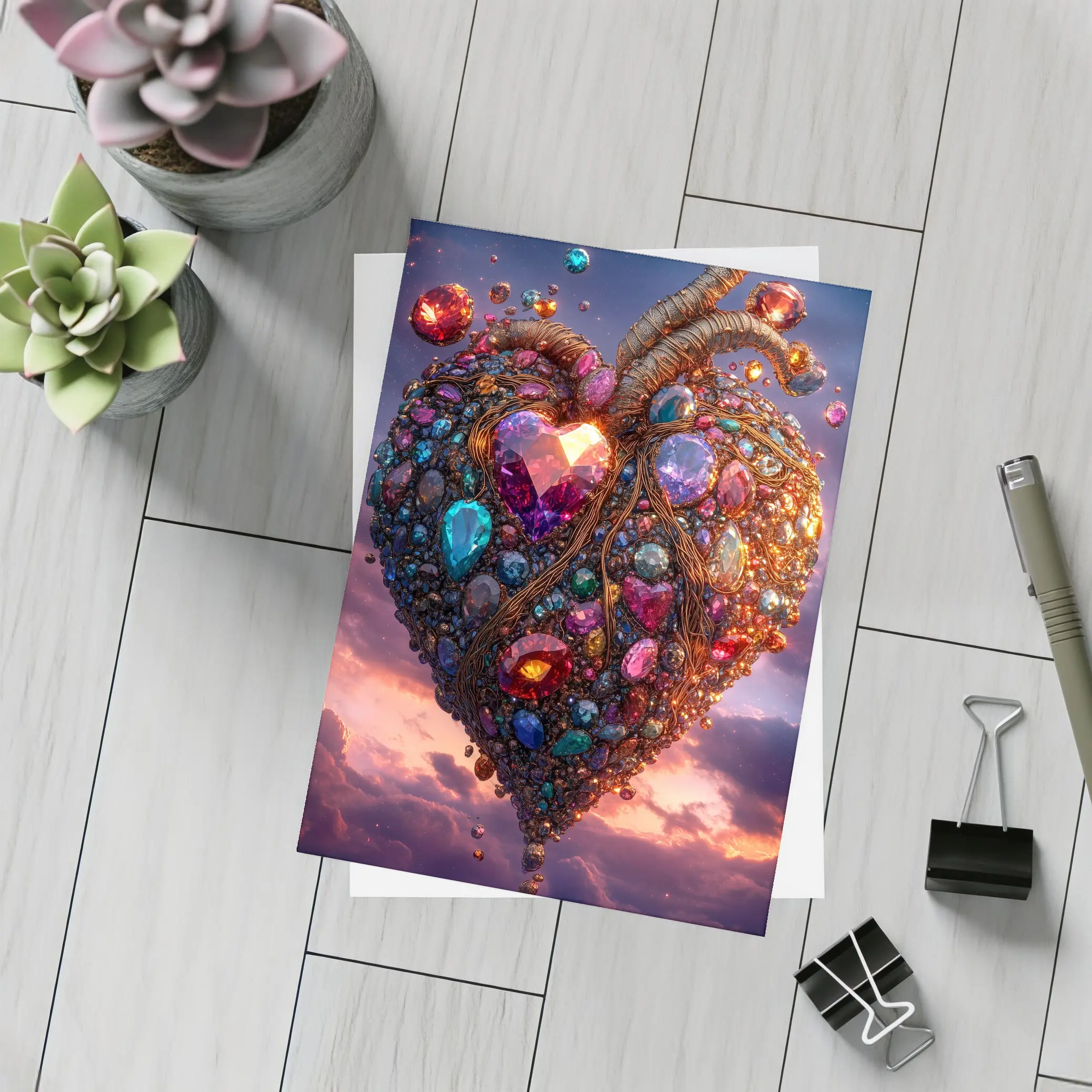 Jeweled Anatomical Heart Floating Twilight Sky – Postcards