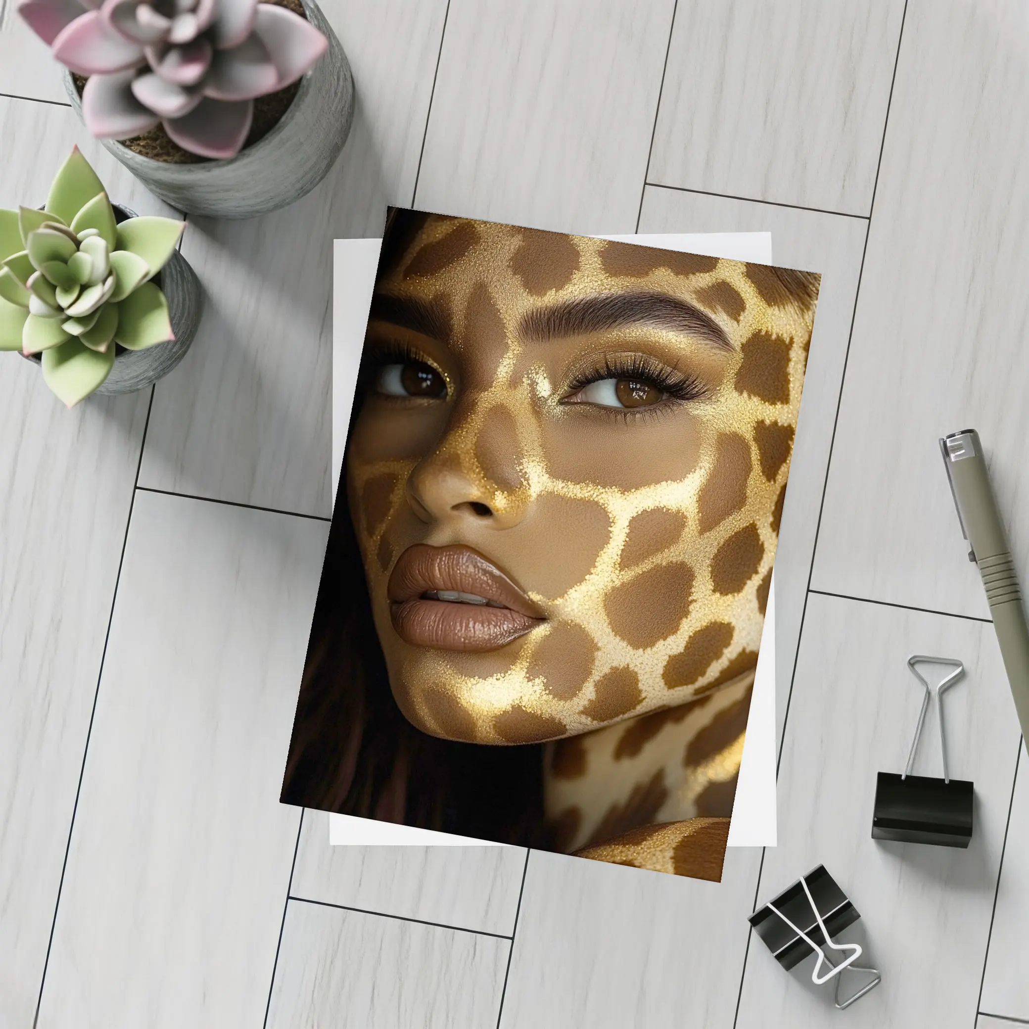Woman Face Giraffe Pattern Gold Body Art – Postcards