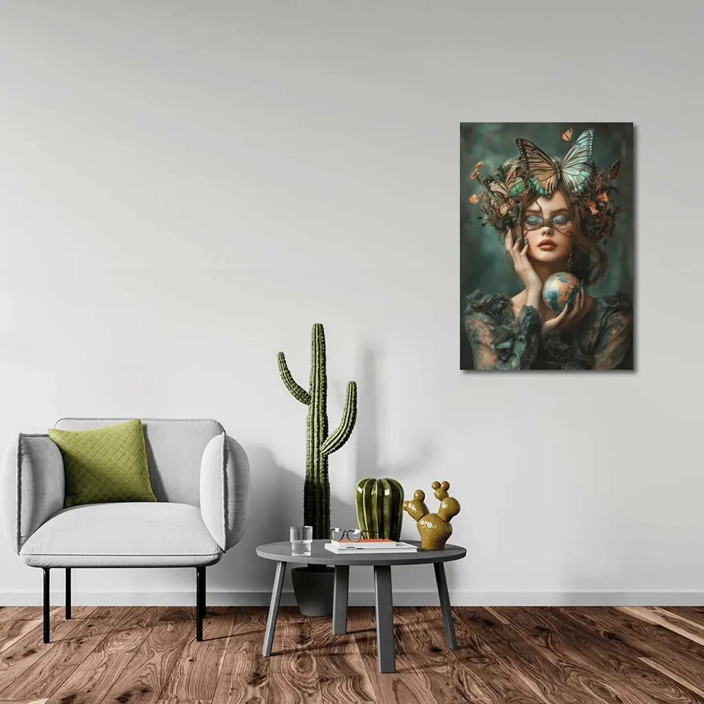 Woman With Butterflies Holding Earth Globe – Wall Art