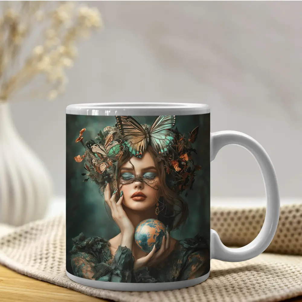 Woman With Butterflies Holding Earth Globe – Mugs