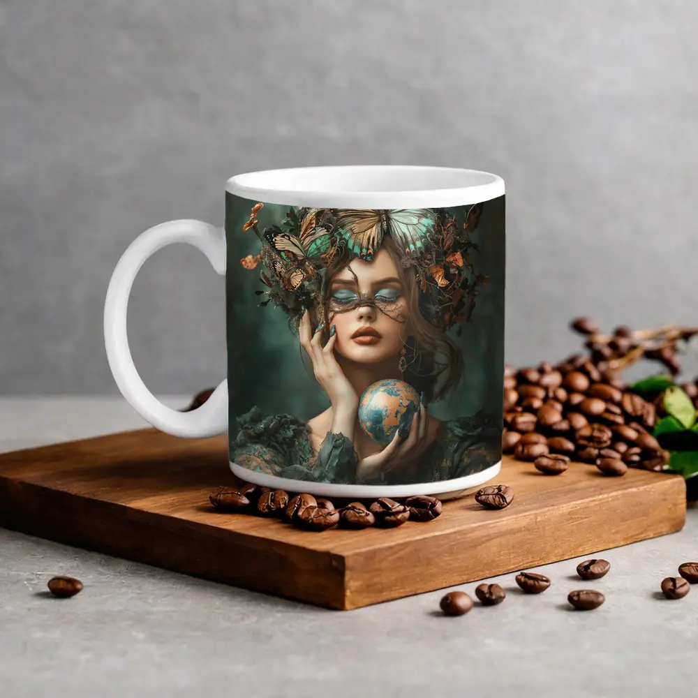 Woman With Butterflies Holding Earth Globe – Mugs