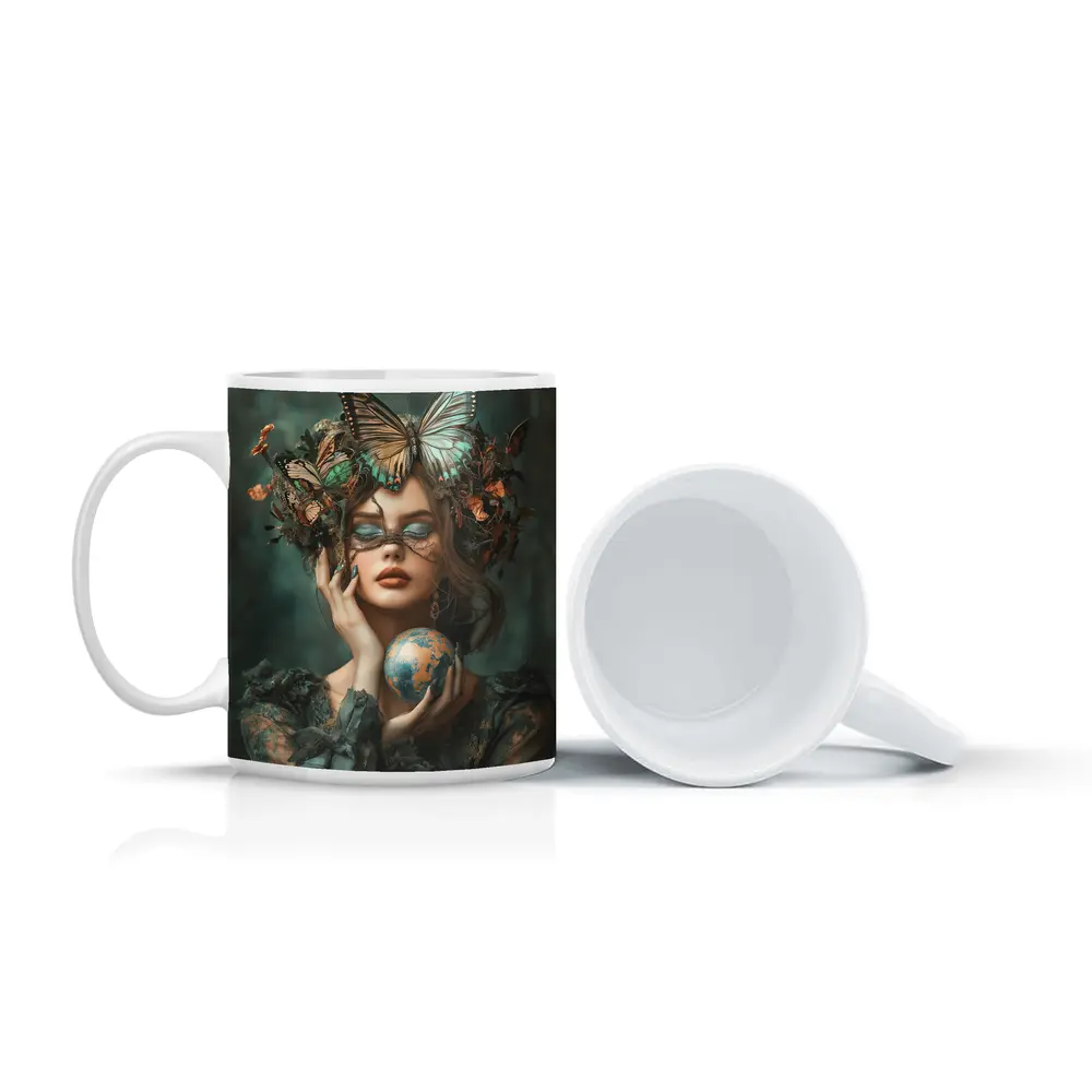 Woman With Butterflies Holding Earth Globe – Mugs