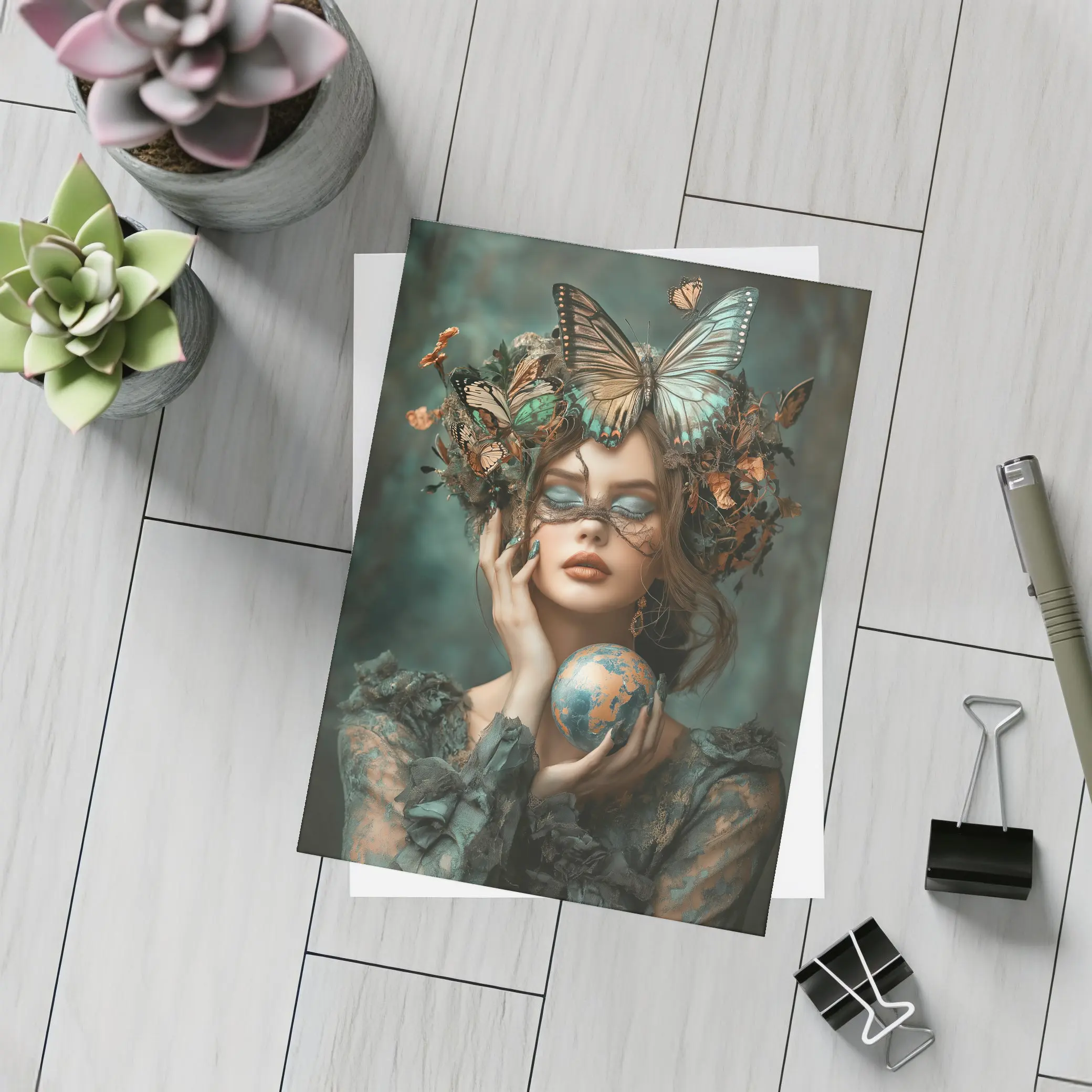 Woman With Butterflies Holding Earth Globe – Postcards
