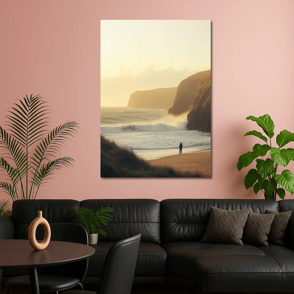 Lone Figure Standing on Golden Coastal Beach – Wall Art