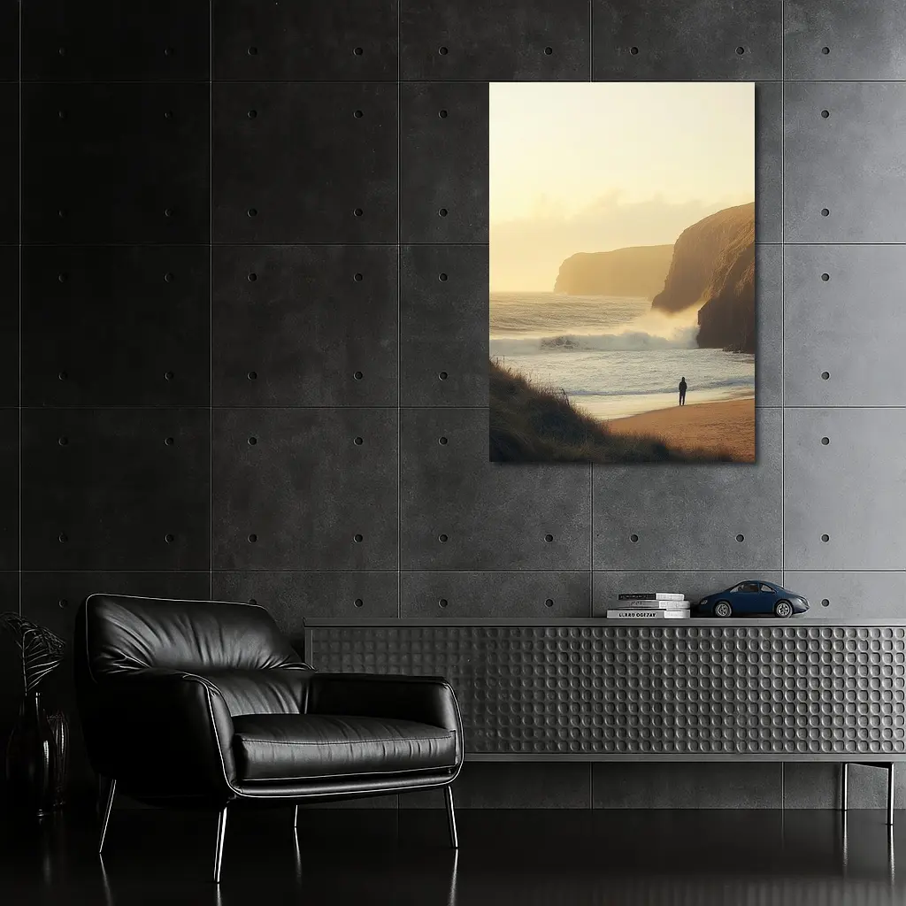 Lone Figure Standing on Golden Coastal Beach – Wall Art