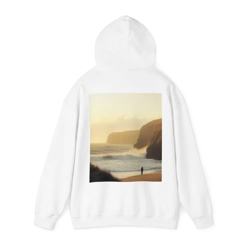 Lone Figure Standing on Golden Coastal Beach – Hoodies